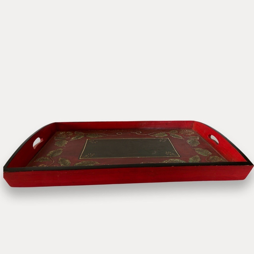 Hand painted Floral Leaf wooden tray Red kitchen serving art deco - Picture 2 of 6